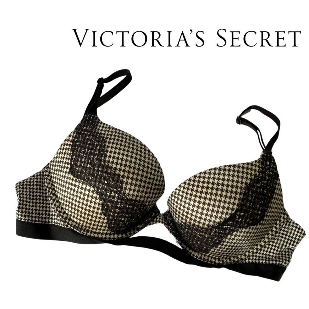 Victoria's Secret, Very Sexy Push-Up, Houndstooth‎ Lace Bra, 32D, Black, White